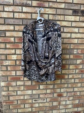 Chico's Black, Brown & Cream Paisley Drape Front Top